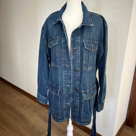 RALPH LAUREN Belted Denim Field Jean Jacket Pockets Collared Marina Wash - Picture 4 of 14